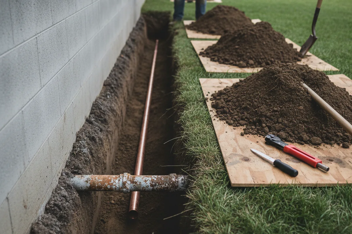 Excavated water line trench during Water Heater Repair in Bowers